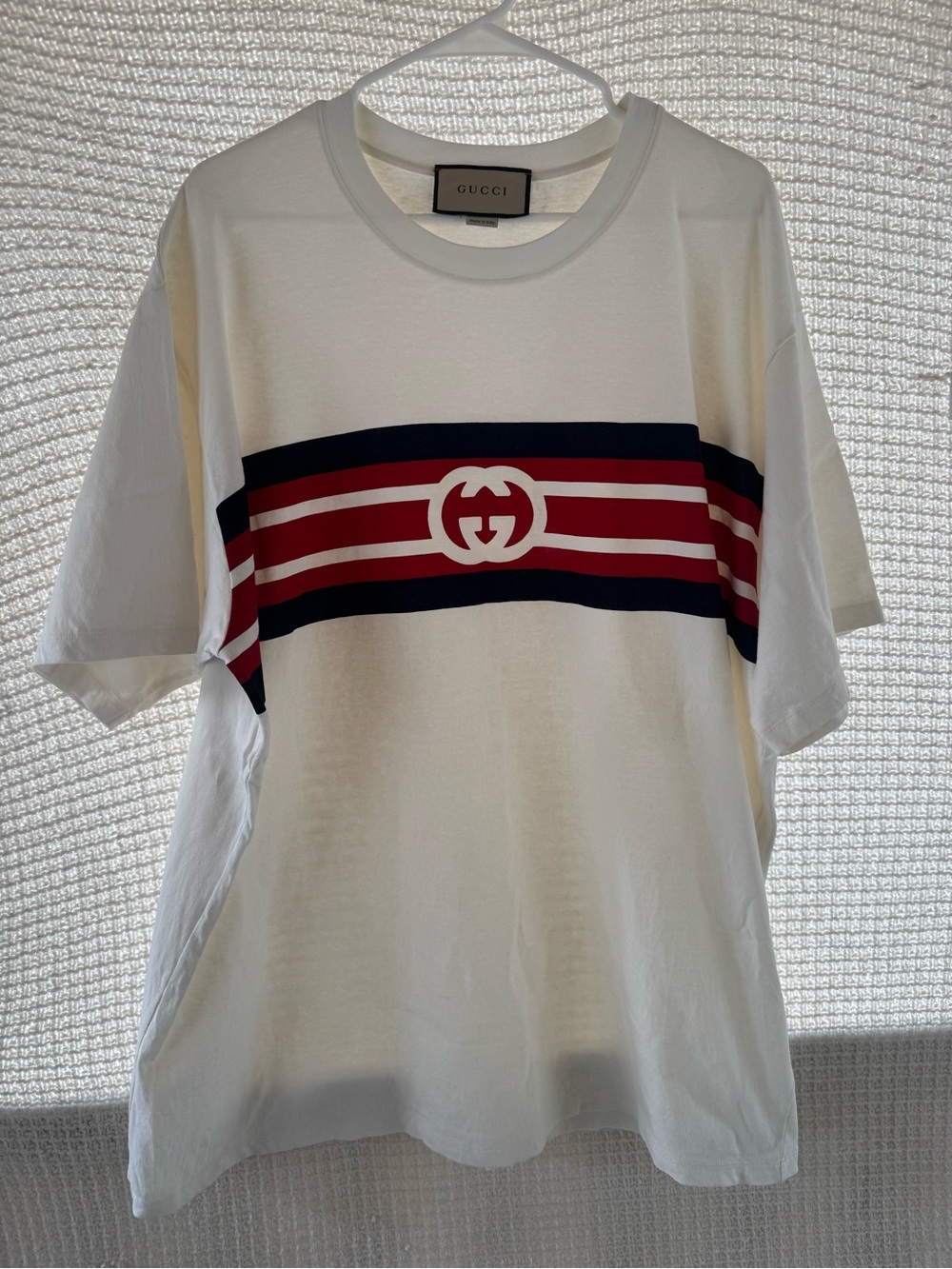Gucci White T-Shirt with Red and Navy Stripes and Logo